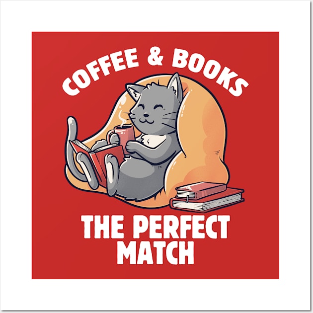 Coffee and Books Cute Funny Cat Gift Wall Art by eduely